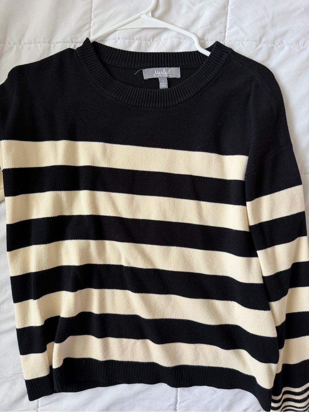 Marled Black and Cream Striped Crewneck Pullover